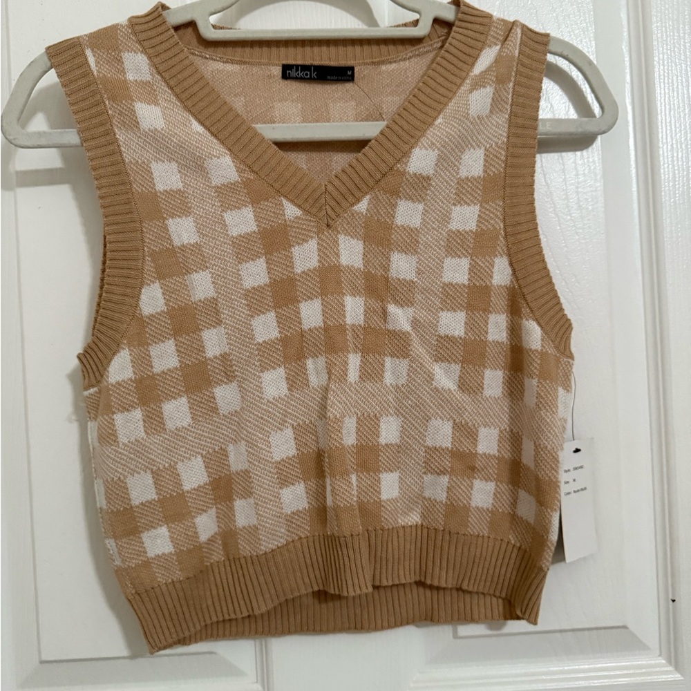 Tan and White Checkered Knit Vest